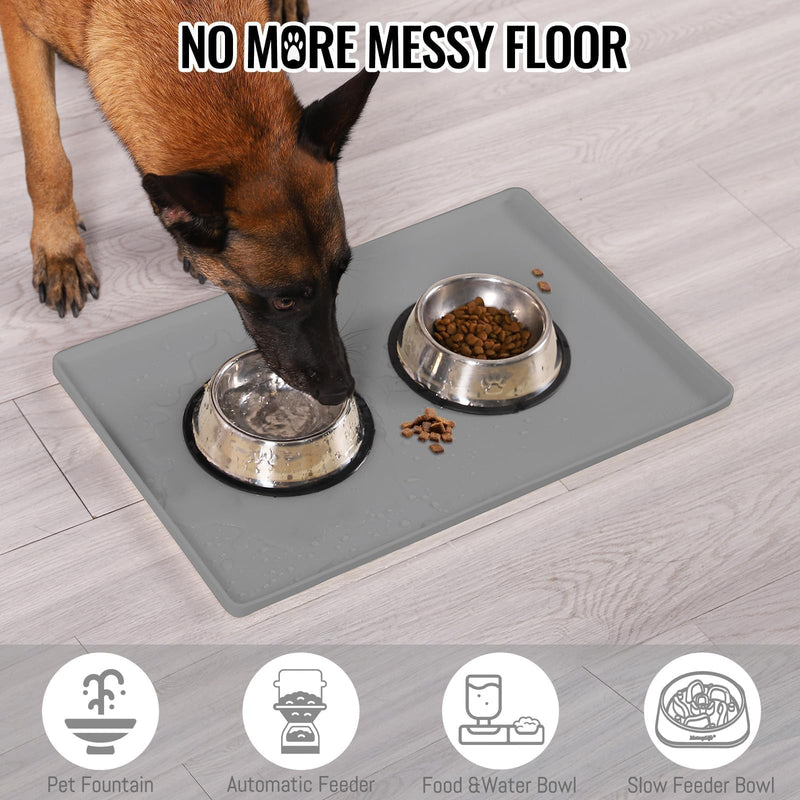 MateeyLife Dog & Cat Food Mat for Floors Waterproof, Nonslip Dog Bowl Mats for Food and Water, Dog Feeding Mats with Raised Edges, Silicone Dog Water Matt Tray for Messy Drinkers, 18"x12", Grey 18''×12'' Grey-1PC - PawsPlanet Australia