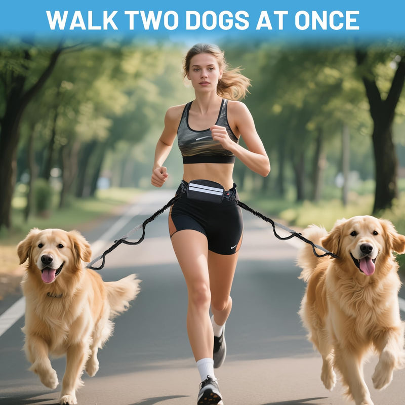 Hands Free Double Dog Leash No Tangle, Waist Leash for Dog Walking, Retractable Dog Leashes for Medium and Large Breeds-Pouch & Lumbar Support, Adjustable Waist Belt, Retractable Bungee,Padded Handles - PawsPlanet Australia