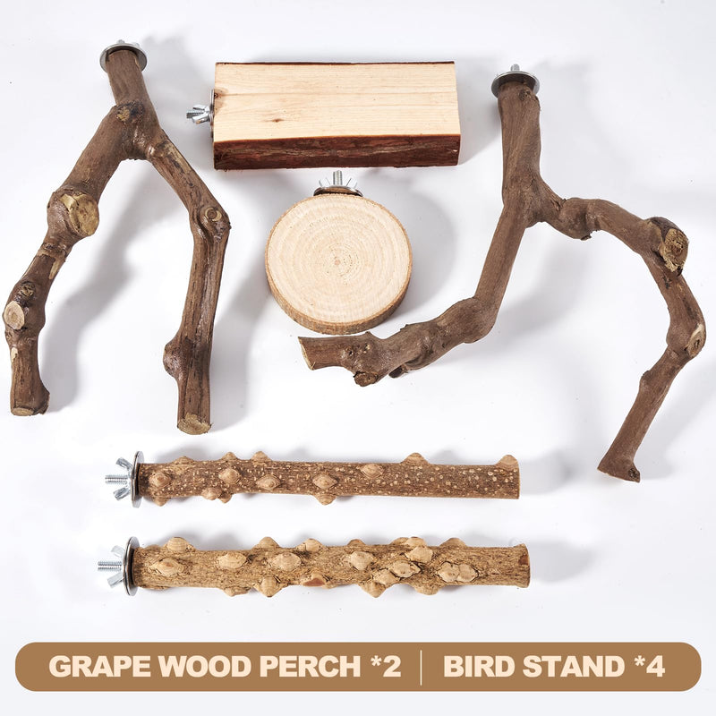 6-Piece Bird Perch Set - Natural Wood Grape Sticks, Paw Grinding Forks, Bird Stand & Toys for Parakeets, Cockatiels, Conure, Budgies - PawsPlanet Australia