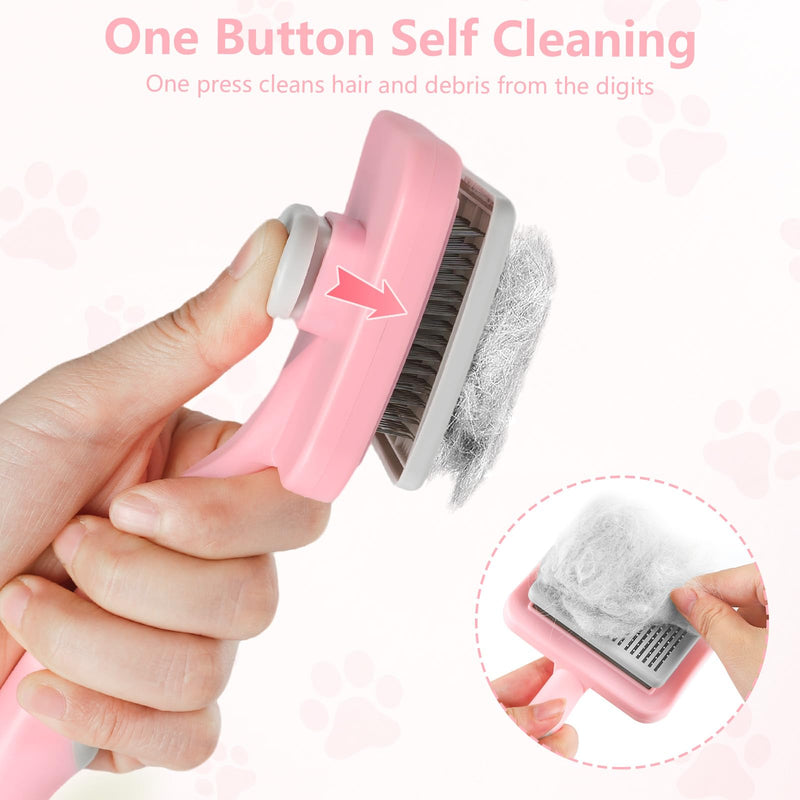 Dog Brush Cat Brush, Cat Grooming Comb Self Cleaning Pet Hair Comb with Button Dog Grooming Tool for Small, Medium & Large Pet Shedding Massage Clean (Pink) Pink