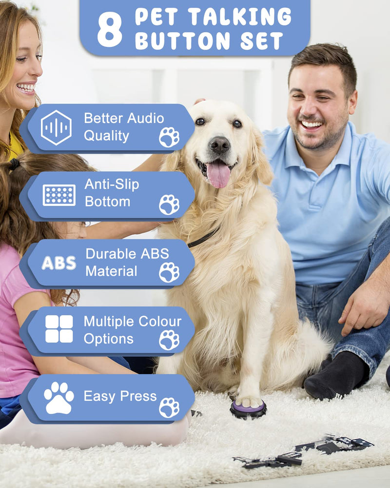 Dog Buttons for Communication, 8 Pcs Dog Talking Button Set, 30s Recordable Voice Pet Buzzer Training Buttons, Speaking Button for Dogs with Waterproof Anti-Slip Dog Button Mat and 48 Scene Stickers A-8 Pack - PawsPlanet Australia