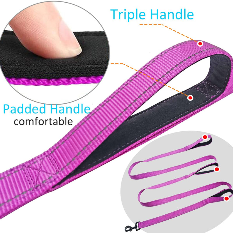 3 Handle Dog Leash, 10FT Triple Handle Dog Leash Reflective Stitching, Three Padded Traffic Handles, Heavy Duty Dog Leash, Training Dog Lead for Control and Safety (Purple) Purple