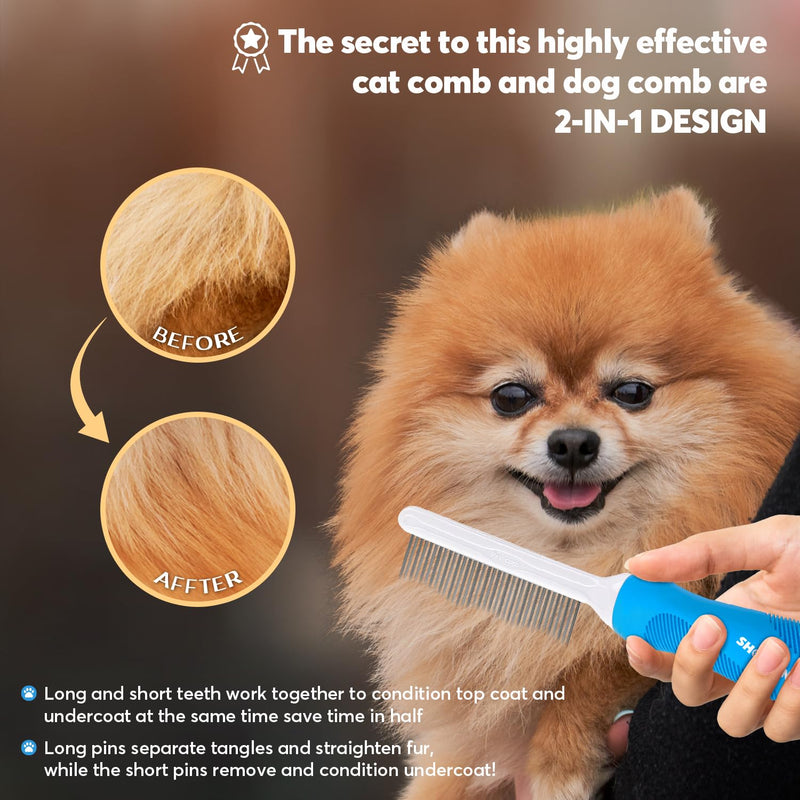 Detangling Pet Grooming Comb for Dogs & Cats with Long & Short Stainless Steel Metal Teeth for Removing Tangles and Knots - Dematting Brush to Detangle Matted Hair Blue comb