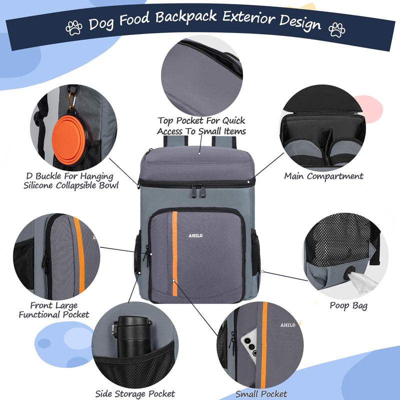 ANILD Dog Travel Backpack - Airline Approved Double-layer Pet Travel Bag Accessories with 2 Food Storage Bag and 2 Foldable Silicone Bowls for Hiking & Camping Dark Grey - PawsPlanet Australia