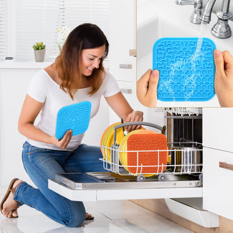 Lick Mat for Dogs Slow Feeder Licking Mat Anxiety Relief Lick Pad with Suction Cups for Peanut Butter Food Treats Yogurt, Pets Bathing Grooming Training Calming Mat - 2 Pack Small 2PCS Blue+Orange - PawsPlanet Australia