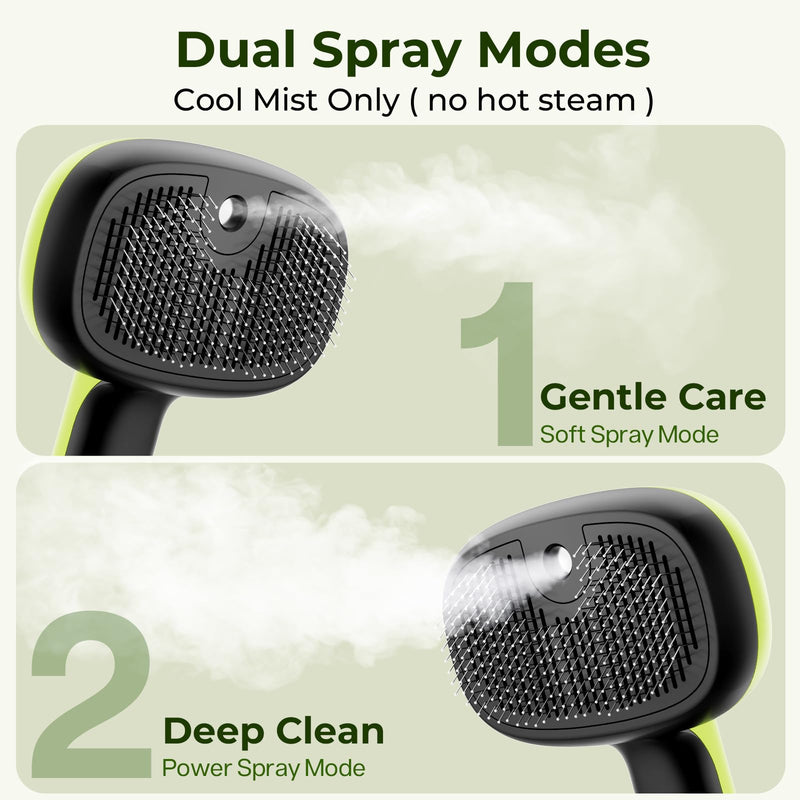 Pecute Cat Steam Brush, Self-Cleaning Steam Cat Brush with 2 Water Spray Modes, Large Capacity Tank, Steaming Renu Dog Brush for Shedding Massaging Grooming, Cool Mist Only Cool Mist-Green