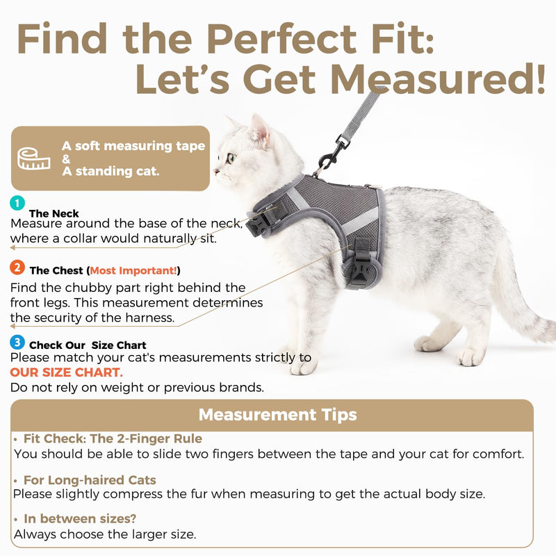 Cat Harness and Leash Escape Proof Kitten Harness Cat Leash for Walking Travel Service Cat Vest, Grey, Large