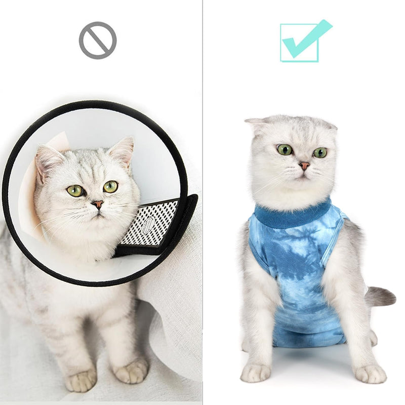 Cat Recovery Suit for Male and Female Surgical Post Surgery Soft Cone Onesie Tie Dye Cats Shirt Clothes Neuter Licking Protective Diapers Outfit Cover Kitten Spay Collar Alternative(Navy Blue, M) Medium Navy Blue