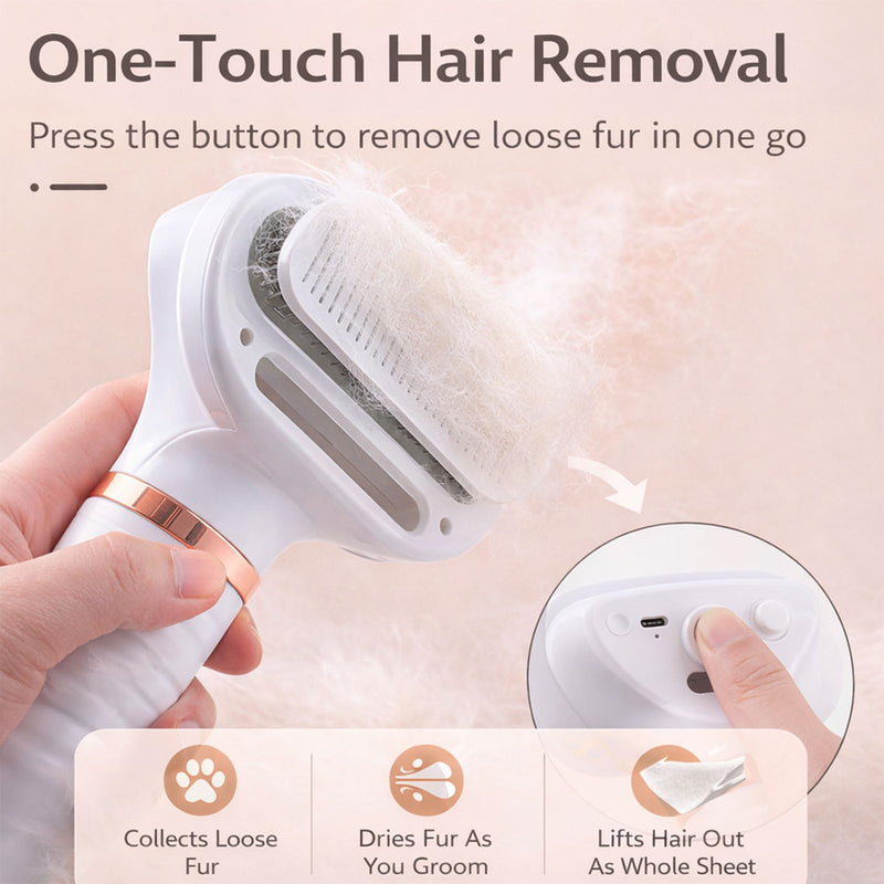 Steam & Dry Pet Grooming Brush for Dogs & Cats, Gentle Touch Deshedding Comb with Light Drying, 4-in-1 Pet Care Tool for Brushing, Drying & Fur Control