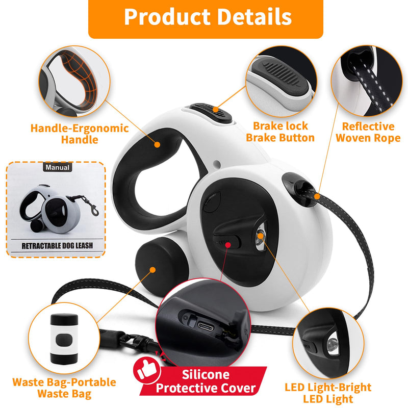 Retractable Dog Leash with USB Rechargeable LED Light, 16 ft Heavy Duty Dog Lead with Poop Bag Holder & Chew Proof Cable, Leash for Small Medium Large Dogs, White - PawsPlanet Australia