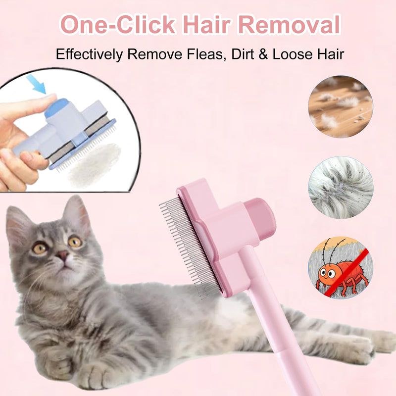 2PCS Flea Comb for Cats Dog Brush for Shedding, Pet Hair Removal Tool with Long & Short Stainless Steel Metal Teeth and Release Button Self-Cleaning for Shedding and Tangles (Pink+Blue) Pink+Blue
