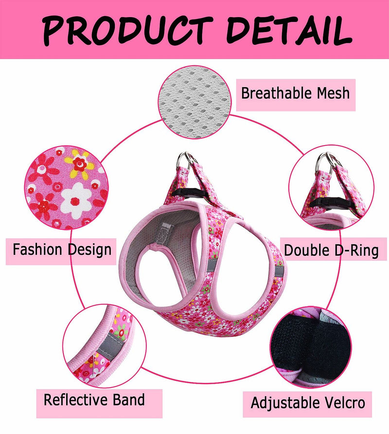 Moonpet Step in Dog Harness Leash Set- All Weather Reflective No-Pull Floral Pattern Padded Mesh Vest Harness for Cats Puppy Extra-Small Small Medium Large Dogs - Pink Flower - XS XS:neck 13.4’’-15.3’’,chest 15.7’’-18.5’’ - PawsPlanet Australia