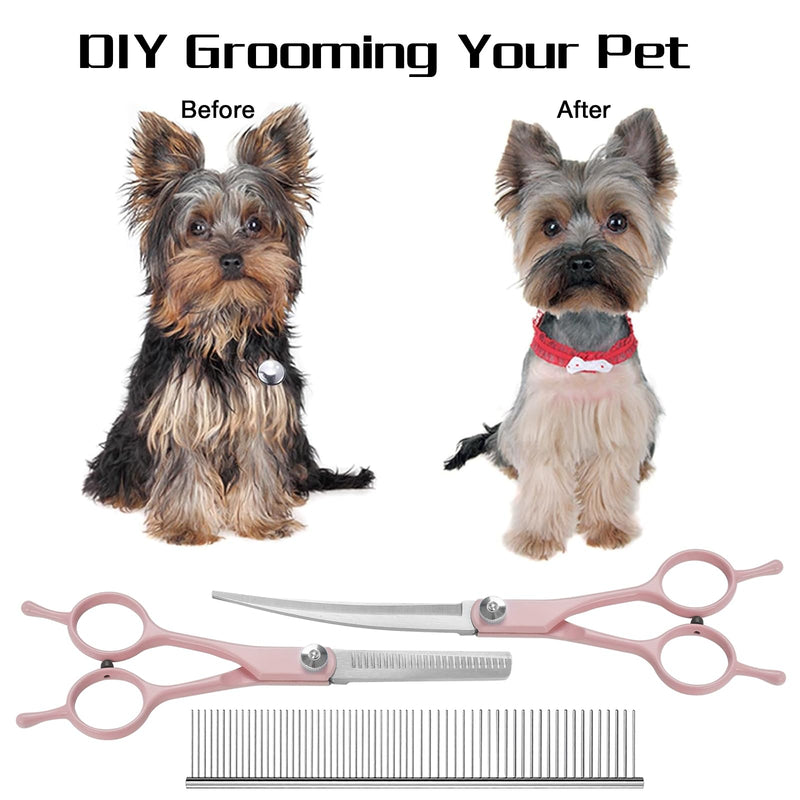 Professional Dog Grooming Scissors Set, 4 in 1 Dog Grooming Scissors Kit, Curved Dog Scissors Pet Thinning Shears, Pink Candy Pink - PawsPlanet Australia