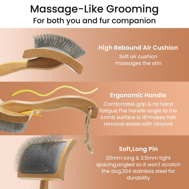 Dog Slicker Brush for Shedding,Dog Brush for Long Haired Dogs & Remove Tangles & Mats,Ergonomic Handle Grooming Like Professional,Beech Wood,M M