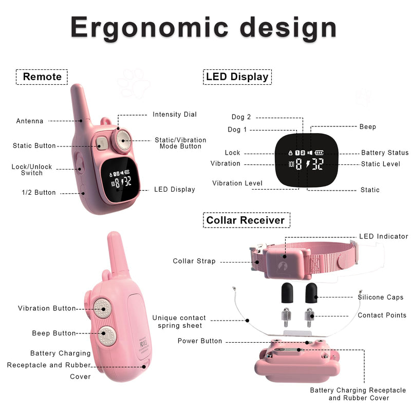 Dog Shock Collar with Remote Control 1800 FT, Adjustable Pink Electric Collar Rechargeable for 5–15lbs Small Dogs Puppy or 20-120 Pound Medium Large Dog, Safety Vibration Trainer 1 Pack - PawsPlanet Australia