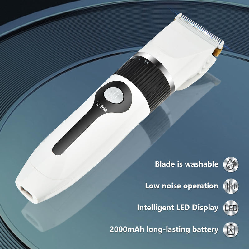 Timiyou Dog Clippers, Dog Grooming Kit Clippers, Rechargeable Cordless Pet Clippers Low Noise Pet Hair Clipper Dog Clippers Professional for Thick Hair with 4 Combs for Dogs Cats Horses, White