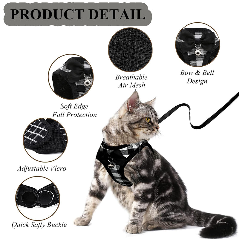 Cat Leashes and Harnesses for Walking,Breathable Soft Kittens Vest for Cats Dogs, Kitten Harness Escape Proof with Bell and Bow-Knot Decoration Christmas(XXS, Black-White) XX-Small - PawsPlanet Australia