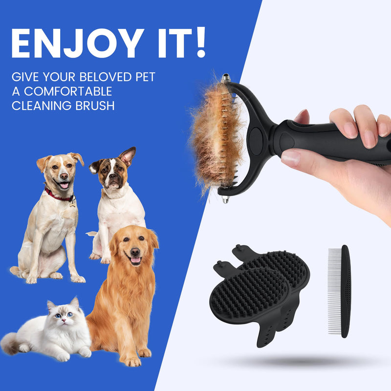 Double-Sided Pet Grooming Rake - 4-in-1 Professional Pet Grooming Kit, Deshedding Dematting Tool for Dogs, Cats, Extra-Wide Grooming Brush & Deshedder Comb for Long and Short Haired Pets(4PCS Black) Black Kit 4PCS