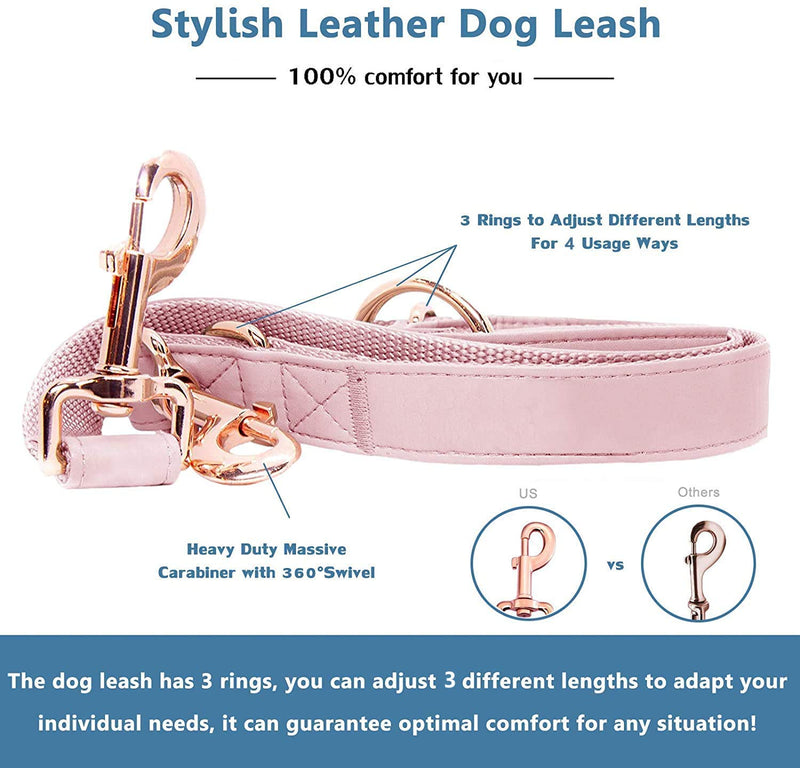 Soft Leather Dog Collar and Leash (6.6') Set - Stylish Rose Gold Heavy Duty Metal Buckle, 4 Adjustable Lengths Leash for Small Medium Large Dogs - Comfortable & Easy to Clean Pink M(13.8"-19.7") M(13.8"-19.7")