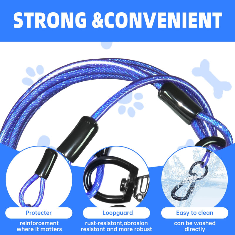Dog Tie Out Cable,20FT Heavy Duty 4mm Outdoor Runner Cable with Shock Absorbing Spring and 360°Swivel Clips, Dogs Chain for Yard Training Running, Fit Medium Large Pets Up to 350lbs, Blue 20FT - PawsPlanet Australia
