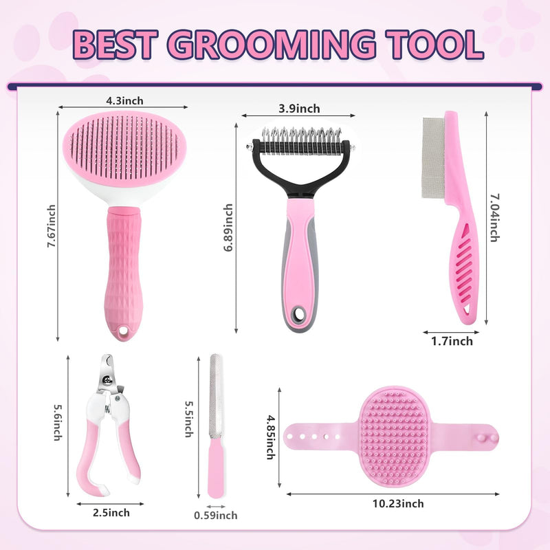 Dog Brush Grooming Kit 6PCS Dog Brush for Shedding-Dogs Brushes for Grooming, Dematting Comb for Dogs, Nail Clipper with Nail File, Flea Comb, Cat Bath Brush-Pink Pink - PawsPlanet Australia