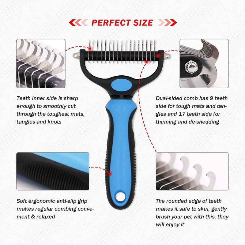 JASWELL Pet Grooming Tool- 2 Sided Undercoat Rake for Dogs &Cats-Safe and Effective Dematting Comb for Mats&Tangles Removing-No More Nasty Shedding or Flying Hair Blue - PawsPlanet Australia