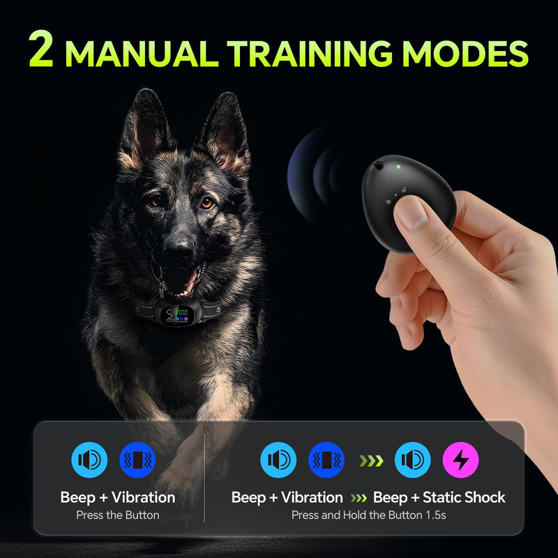 Dog Bark Collar with Remote – 2-in-1 Automatic & Manual Modes, Smart Anti Bark Dog Training Collar with Beep, Vibration & Shock, 330FT Range, IP67 Waterproof, Rechargeable (8-150lbs) BLACK