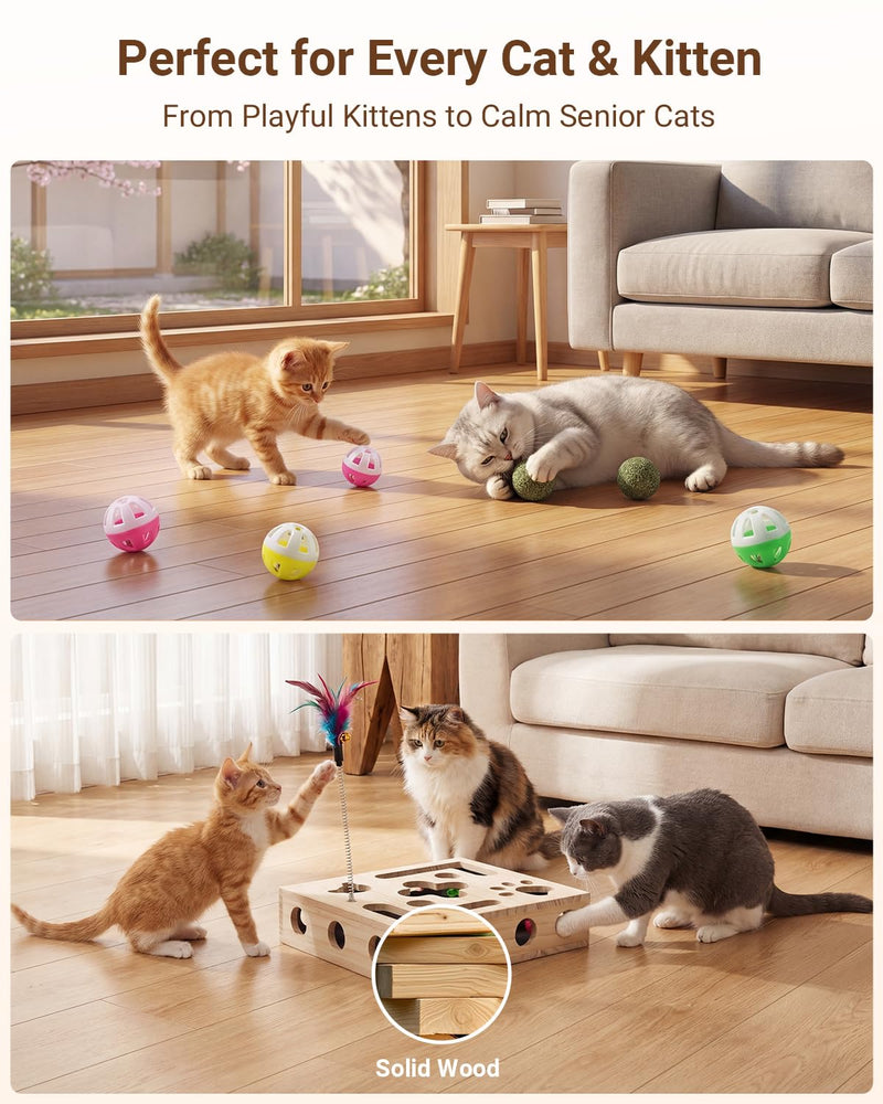 Cat Nail File Box with Interactive Cat Toys – 2026 Upgraded Cats Nail File Enrichment Box Scratch Puzzle Toy for Indoor Cats, Natural Claw Care with 2 Wand Toys&Catnip Ball&4 Bell Ball(Random Color)