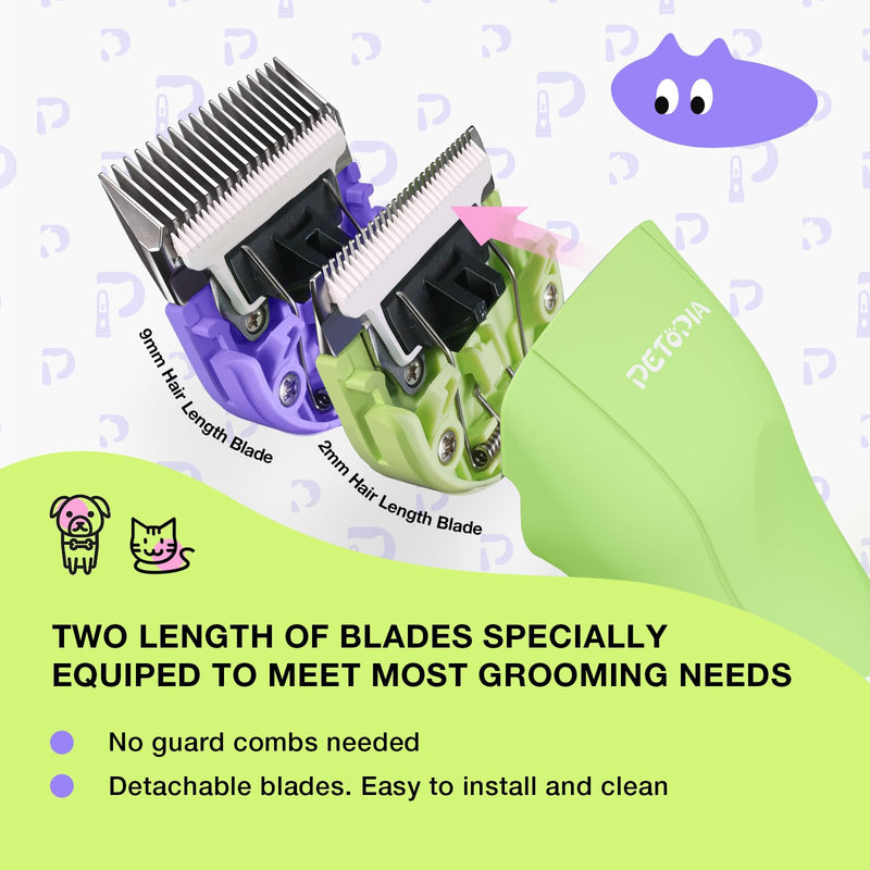 Professional Dog Clippers for Grooming, Low Noise Electric Quiet Dog Grooming Kit, Rechargeable Cordless Dog Shaver Clippers, with 9mm Blade for Dogs Cats Pets (Green) Green - PawsPlanet Australia