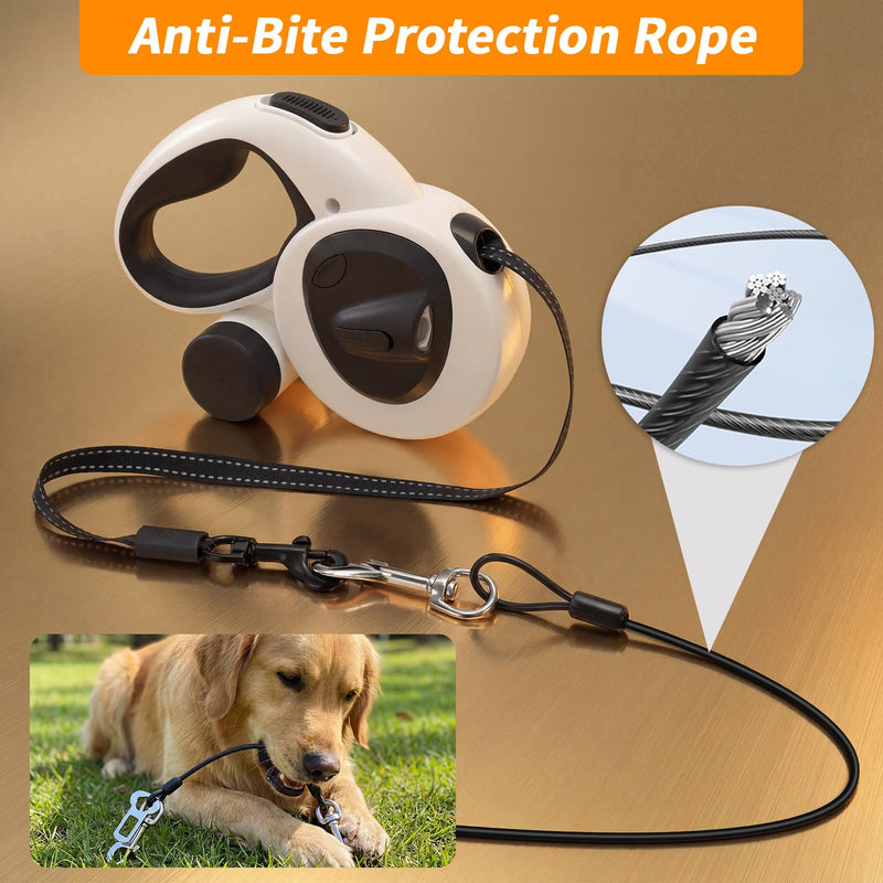 Retractable Dog Leash with USB Rechargeable LED Light, 16 ft Heavy Duty Dog Lead with Poop Bag Holder & Chew Proof Cable, Leash for Small Medium Large Dogs, White - PawsPlanet Australia