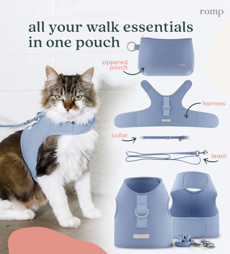 Cat Harness, Collar & Leash Set - Escape Proof Adjustable Choke Free Velcro Harness Vest for Walking Cats & Kittens (Cotton Blue, Medium) Cotton Blue - PawsPlanet Australia