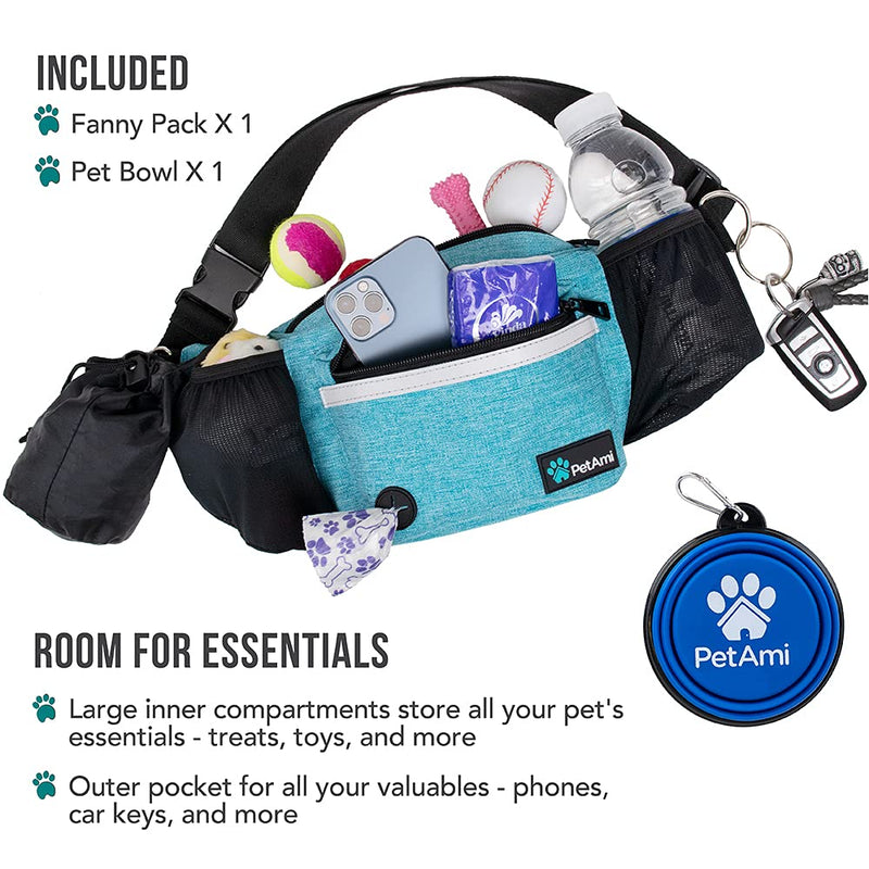 PetAmi Dog Fanny Pack, Treat Pouch for Dog Walking, Training, Built in Poop Bag Dispenser, Water Bottle Holder, Collapsible Bowl, Pet Treat Waist Belt for Hiking, Running, Kibbles (Turquoise) Sea Blue - PawsPlanet Australia