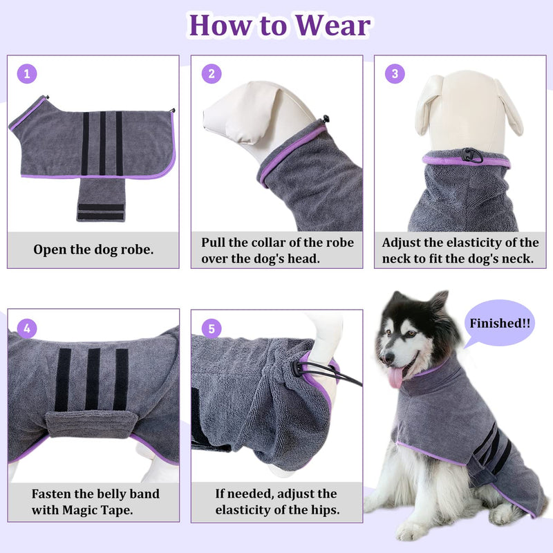 Dog Drying Coat Bathrobe Towel,Microfibre Material Fast Drying Super Absorbent Dog Bath Robe, Pet Quick Drying Moisture Absorbing with Adjustable Collar and Waist XXX-Large Grey - PawsPlanet Australia