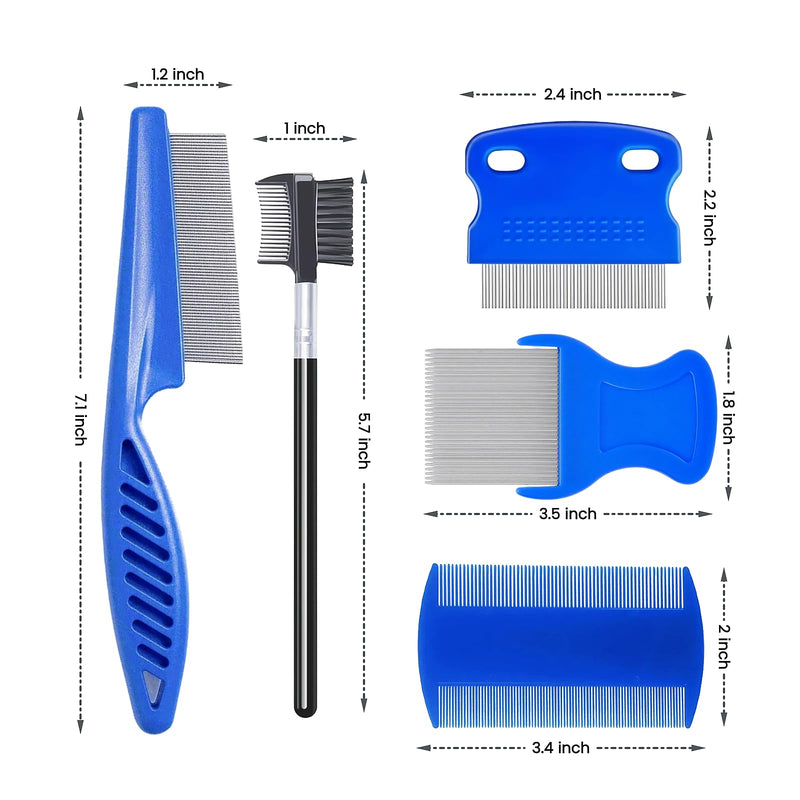 5 Pack Flea & Lice Comb Set for Cats, Dogs & Kids – Stainless Steel Fine Tooth Nit Comb Kit with Double-Sided Tear Stain Remover, Grooming Brush & Peine para Piojos for Thick Hair (Blue) Blue 1-Pack