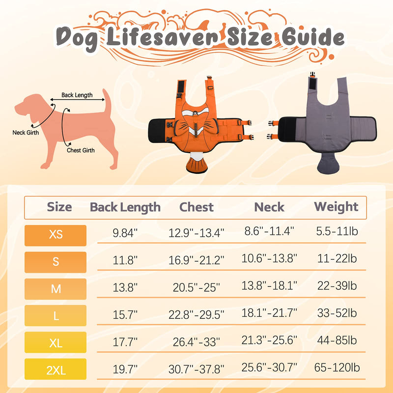 DENTRUN Dog Life Jacket Safety Vests for Swimming, Adjustable Puppy Pool Lake Floats Coat High Visibility Superior Floatation & Rescue Handle, Clownfish Shape Water Vest for Small Medium Large Dog XX-Large Orange