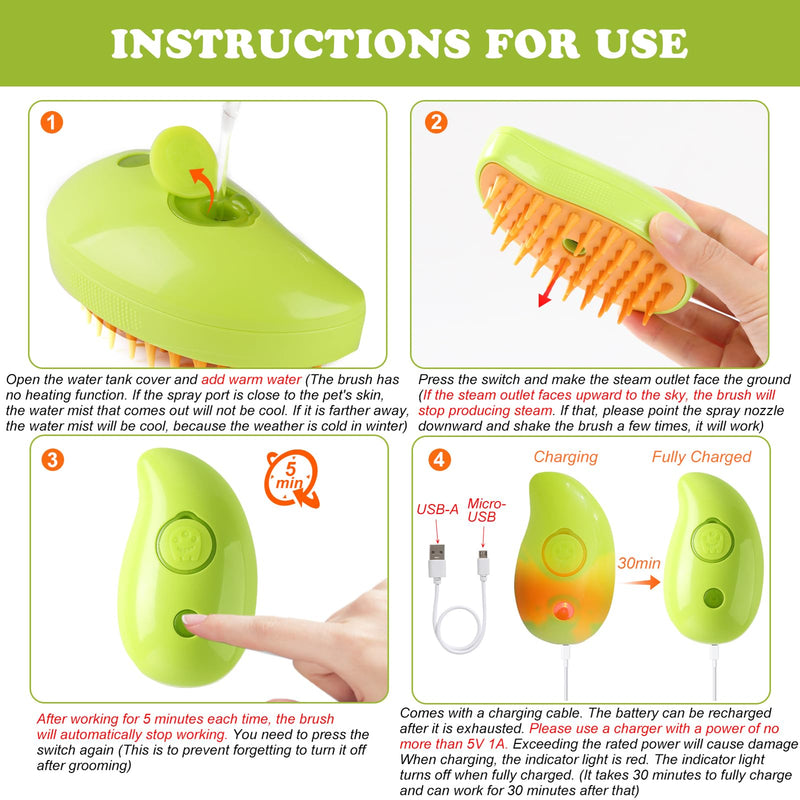 Steam Brush for Cats Shedding, 3 in 1 Steamy Water Pet Hair Removal Comb with Steamer, Spritz Comb for Dog, Indoor Cat Spray Mist Grooming Defur Brush, Cepillo Vapor Gato Perro, Steaming Cleaning Spa Green
