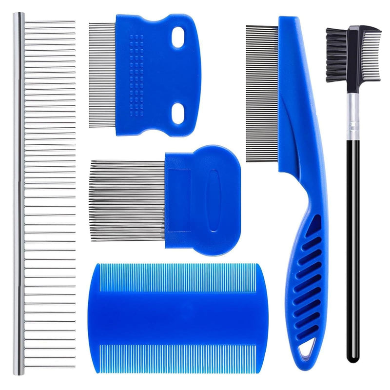 6 Pack Flea Comb for Dogs and Cats, Stainless Steel Pet Grooming Comb Set, Lice Comb, Double-Sided Tear Stain Remover, Dematting and Fine Tooth Combs for Small, Medium and Large Pets blue(6 pack)