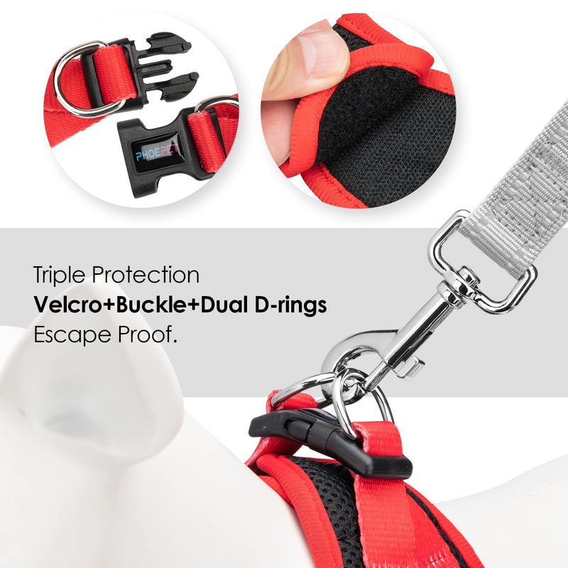 PHOEPET Step-in Dog Harness,Reflective Adjustable Dog Vest Harness, Soft Pet Walking Jacket with 2 Metal Leash Hooks for Dog and Cat(Black Base & Red Straps,S) S (Neck: 10-11”,Chest: 13-14.5”) Black Base & Red Straps - PawsPlanet Australia
