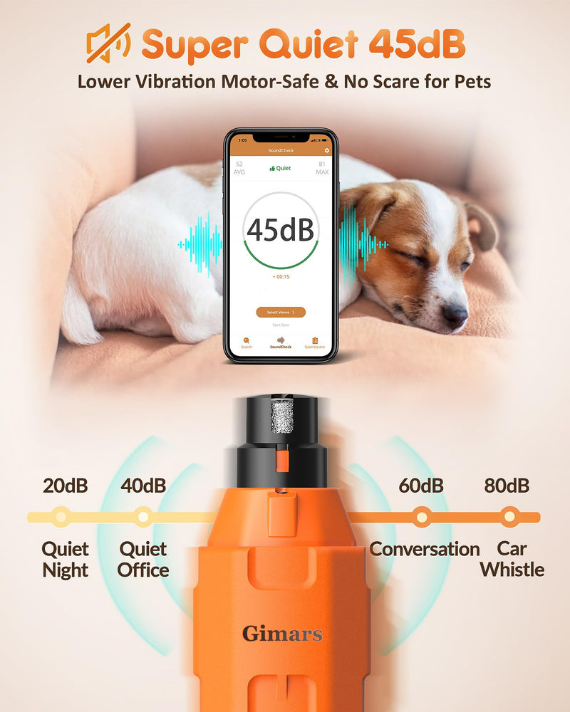 Gimars Upgrade Super Quiet Adjustable 6 Speed Powerful 12000rpm Allow All Controll Dog Nail Grinder 45 db Dual LED Light Pet Nail Grinder USB Rechargeable 3 Ports Nail File for Large Medium Small Dog Orange - PawsPlanet Australia
