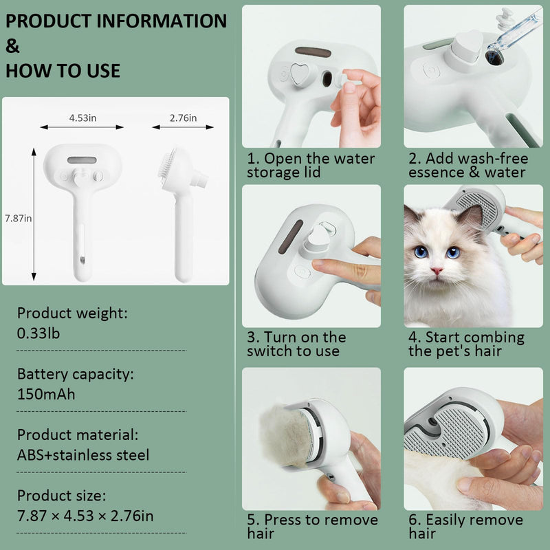 3 In 1 Self Cleaning Steamy Pet Brush, Pets Spray Hair Removal Comb - Anti-Static, Dog Grooming Tool with Steam & Self-Cleaning, Skin-Friendly Design + Bathing Solution - PawsPlanet Australia