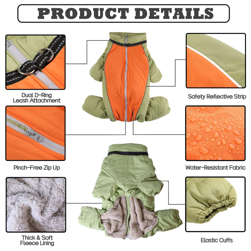 Dog Warm Thick Winter Snowsuit, Fullbody Zip Up Coat with Leash Ring, Reflective Windproof Waterproof Dog Snow Jacket, LightGreen,22 22