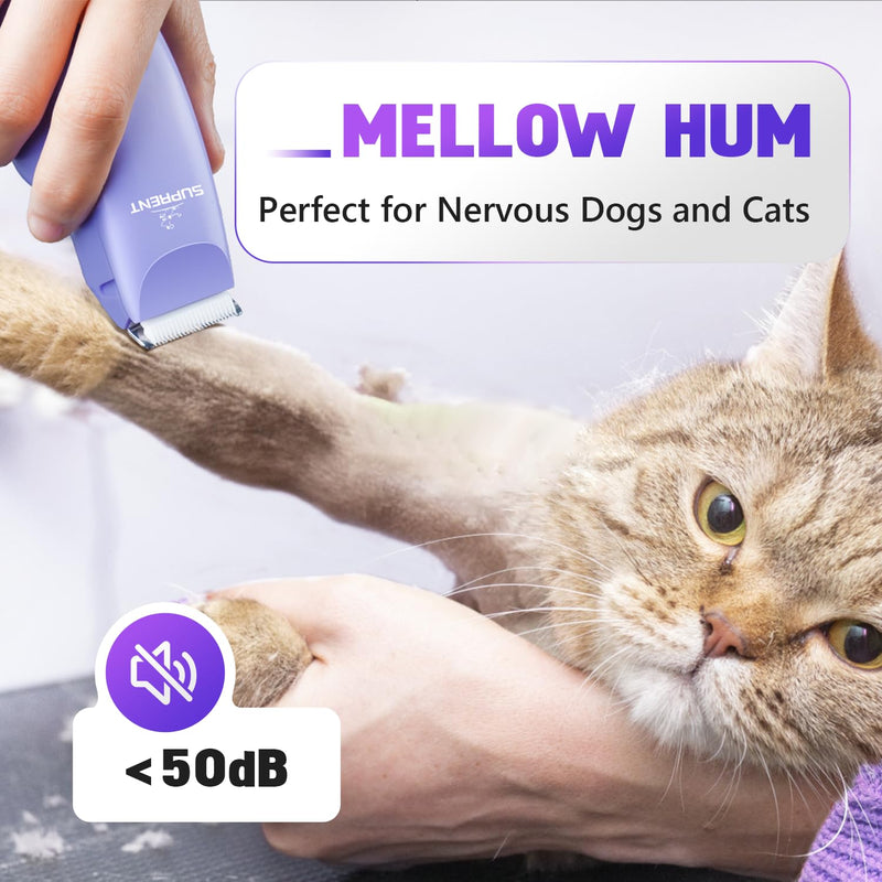 SUPRENT Pet Grooming Clippers for Matted Hair Cat, Low Noise Hair Trimmer Kit for Long Fur, Waterproof Portable USB Rechargeable Professional Pet Grooming Supplies Cordless Shaver for Small Dog Pets Purple - PawsPlanet Australia