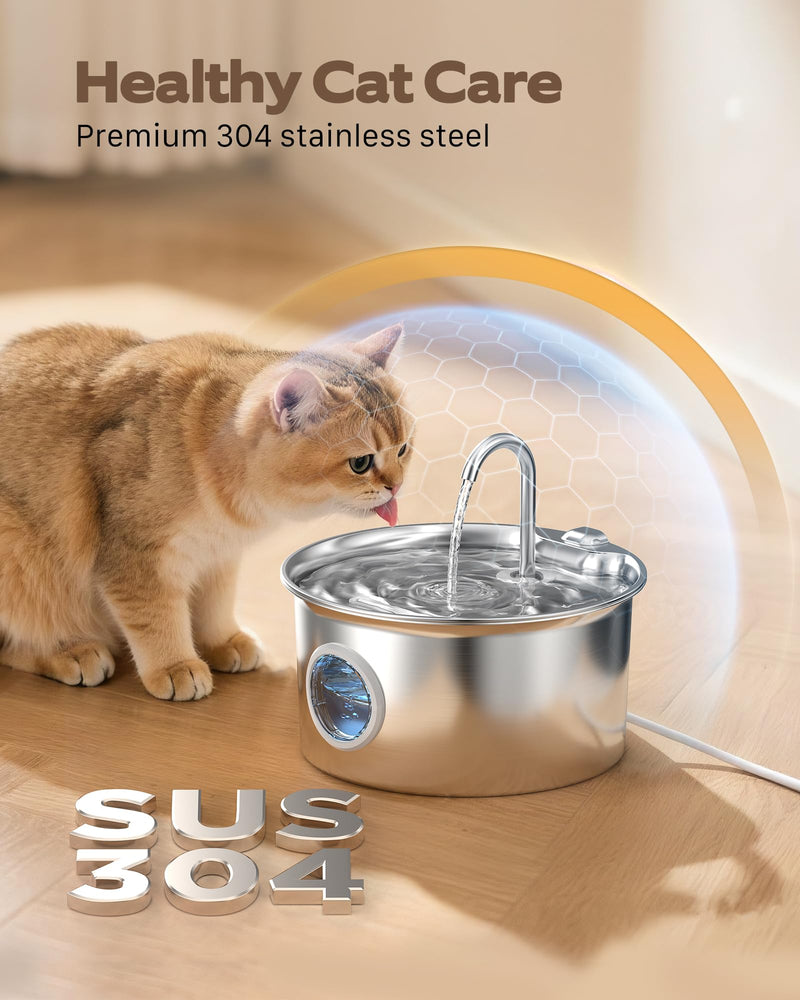 Stainless Steel Cat Water Fountain: Cat Fountain for Drinking - 88oz/2.6L Pet Water Fountain for Cats Inside- Silent Cats Water Bowl Dispenser - Kitty Drinking Fountains - 6 Filters + 3 Sponges Cat Fountain+6 Filters +3 Sponges - PawsPlanet Australia