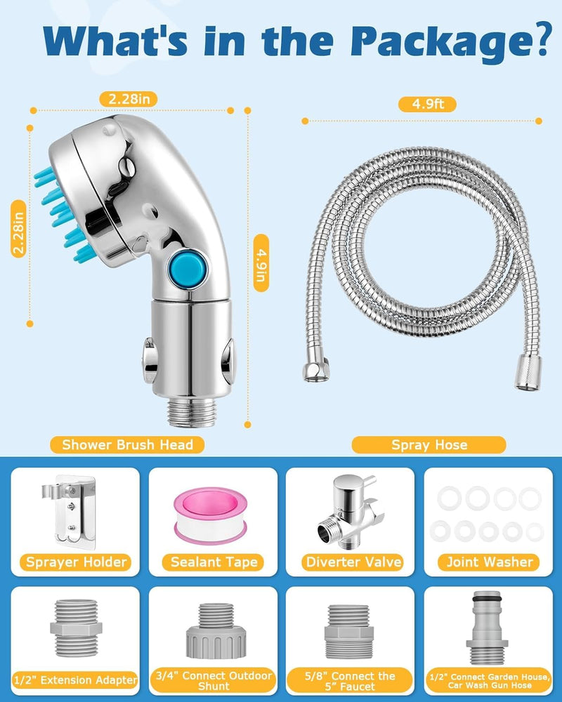 Dog Shower Attachment, Dog Shower Sprayer Attachment Set with Diverter Valve, Dog Shower Brush for Bathroom Shower Arm, Pet Bathing Tool, for Dog and Cat Grooming, Indoor & Outdoor