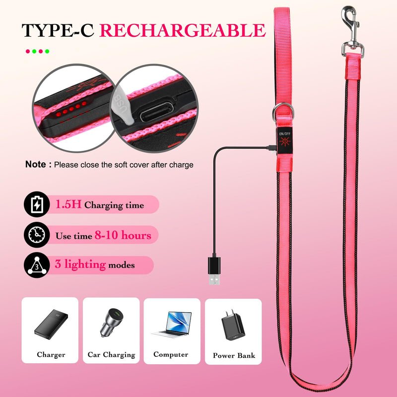 4FT LED Dog Leash – Rechargeable Light Up Dog Lead with Dual-LED Glow, Reflective Nylon, Waterproof Glow Dark Leash with Padded Handle for Small Medium Large Pets Night Walking-Pink Pink - PawsPlanet Australia