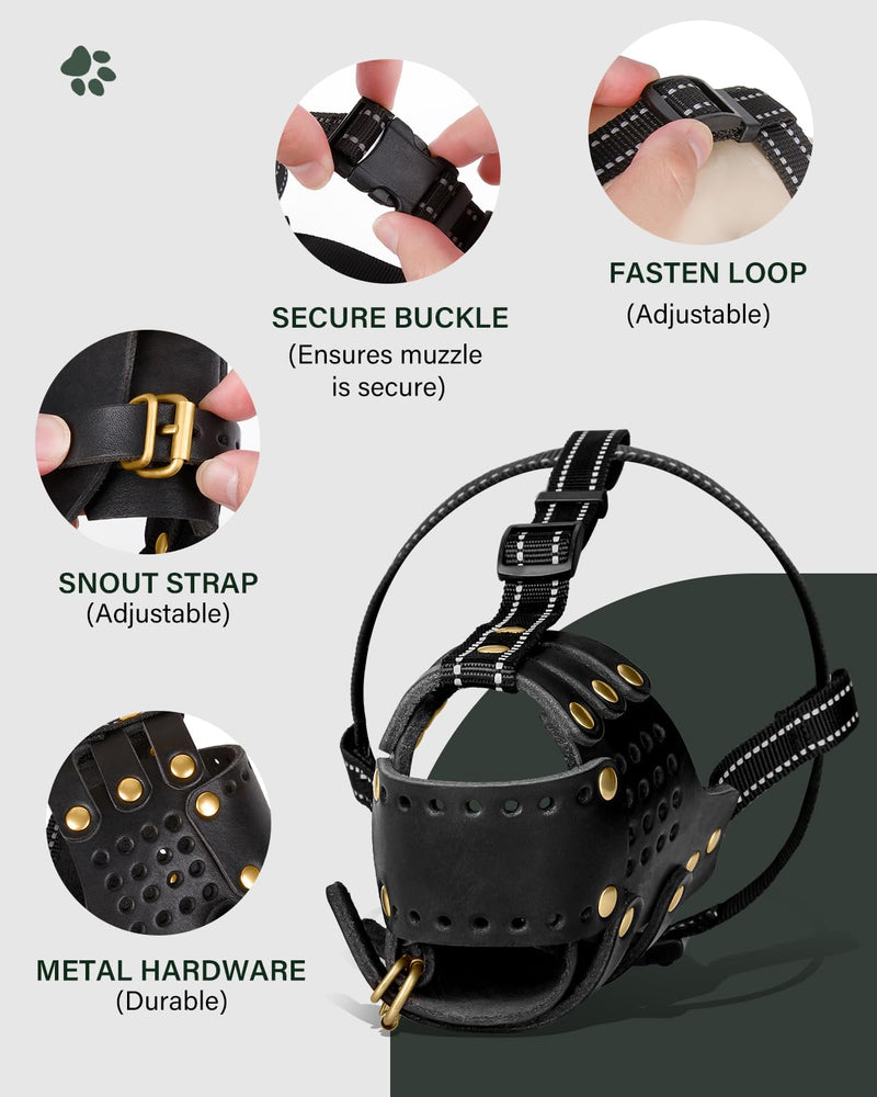 Dog Muzzle, Leather Basket Soft Muzzles Medium Large Breeds, Pitbull Dog Muzzle Amstaff Staffordshire Terrier, German Shepherd Dalmatian Doberman Adjustable (L) Black L - PawsPlanet Australia
