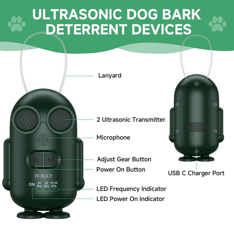 BOKKY 2 Pack Dog Bark Deterrent Devices in 3 Adjustable Modes Convertible Waterproof Anti Barking Silencer for Dog - Ideal for Outdoor and Indoor(Green) 2PACK-GREEN