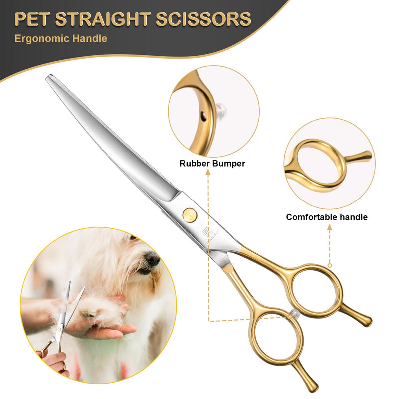 6 in 1 Dog Grooming Scissors Set - Durable Stainless Steel Golden Dog Grooming Shears Curved, Thinning & Straight - Poodle Grooming Kit Dog Groomer Gifts with Safe Tips for Home DIY/Professional Use - PawsPlanet Australia
