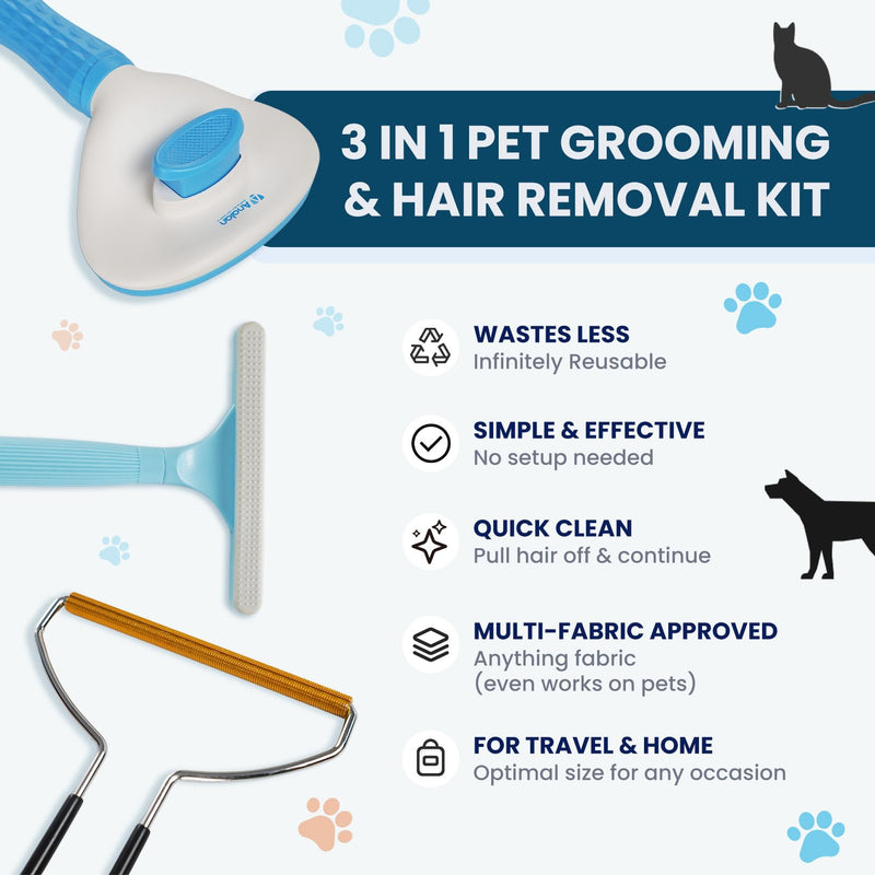 3 in 1 Analan Cat Brush Pet Hair Remover for Dog & Cat, Self-Cleaning Slicker Brush for Pet Grooming, Perfect Pet Hair Removal Tool for Furniture Carpets Couches and Bedding (Sky Blue) Sky Blue - PawsPlanet Australia