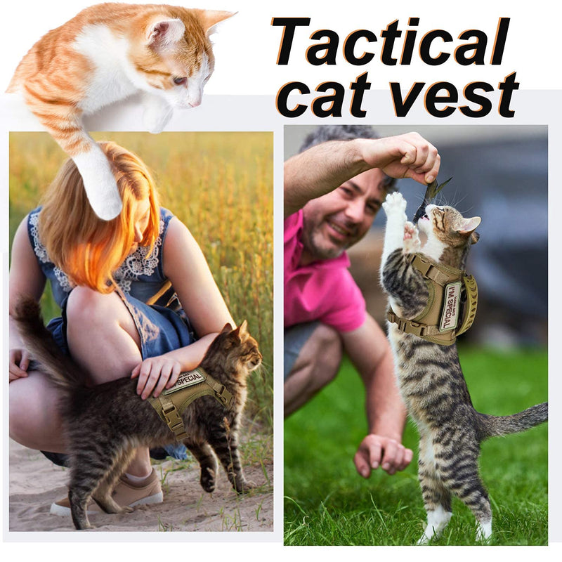Tactical Cat Harness for Walking Escape Proof, Soft Mesh Adjustable Pet Vest Harness for Large Cat,Small Dog Khaki